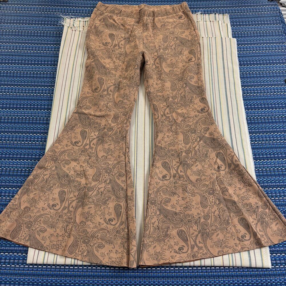 Bee's Bohemian Pants Womens XL Brown Paisley Flare Bell Bottom Boho Knit EC